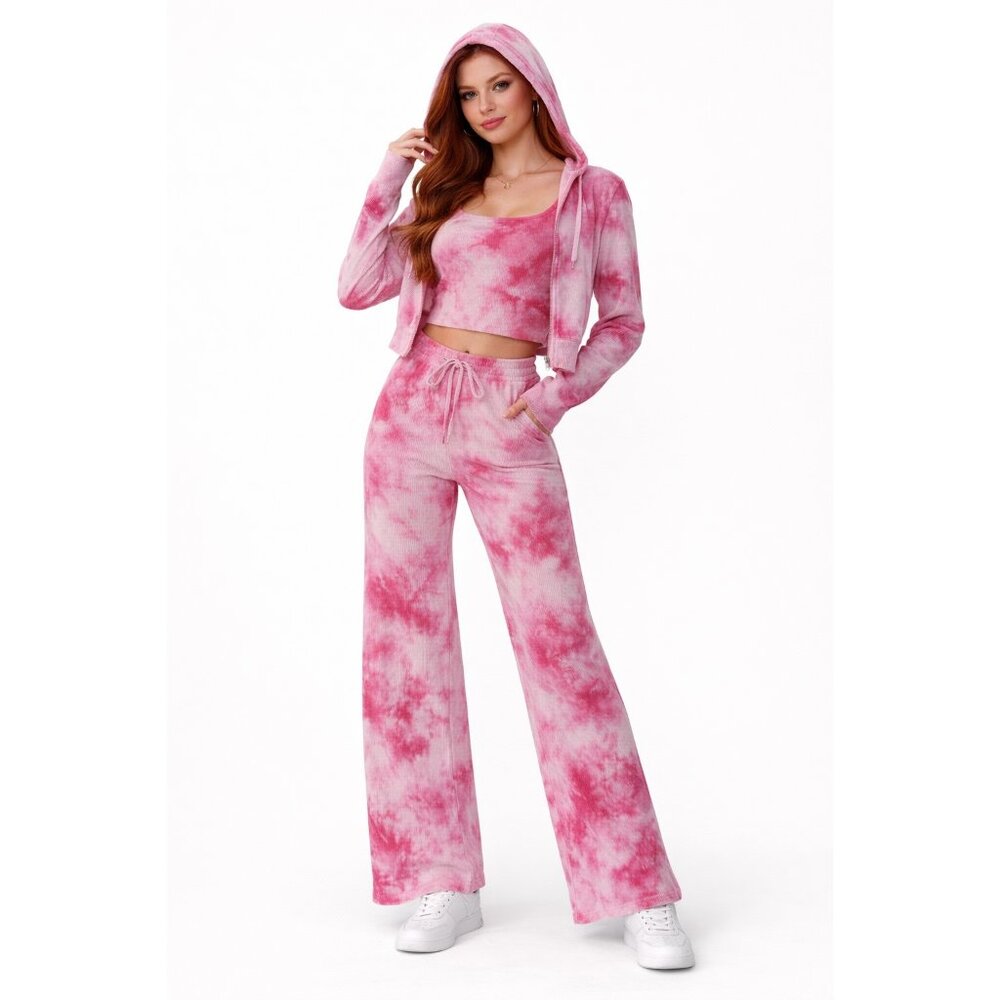 💖 NWT Pink Tie Dye 3-Piece Lounge Set Cami Hoodie Flares M 💖